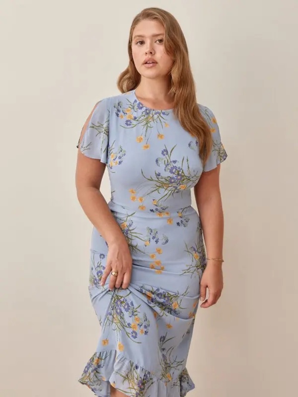 Reformation Light Blue Floral Midi Dress with Yellow & Purple Blossoms